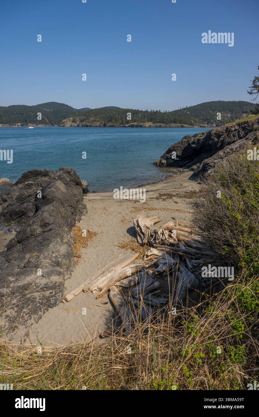 Blick auf den Deception Pass vom North Beach of Deception Pass State Park, Whidbey Island, Washington State, USA. Stockfoto
