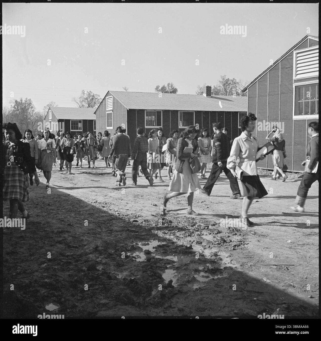 23. November 1942. Rohwer Relocation Center, McGehee, Arkansas. Umzugszentrum, das im Zweiten Weltkrieg als japanisches amerikanisches Konzentrationslager genutzt wurde. Wechselnde Klassen im temporären Gymnasium. . Public Domain - Quelle: National Archives at College Park , Credit: Tom Parker, (NARA Record: 4682167) Stockfoto