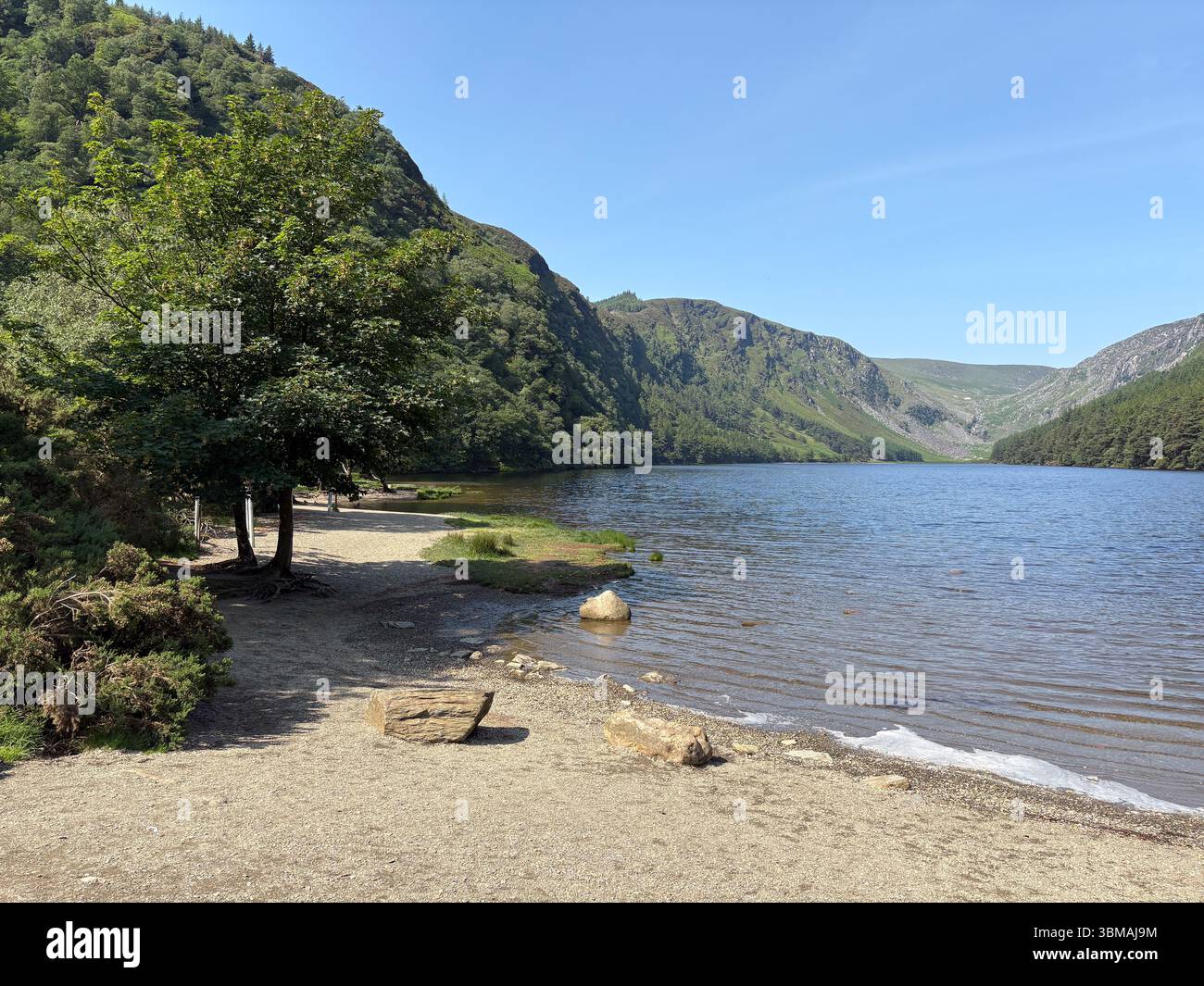 Glendalough Upper Lake im Wicklow Mountains National Park, Irland. Friedliche Naturlandschaft mit Bergen, Wasser, Bäumen und Strand Stockfoto