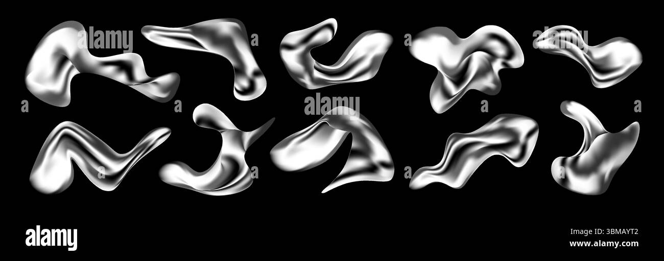 3D-Formen aus flüssigem Chrom und geschmolzenen Silberflecken im futuristischen Y2K-Stil. Abstrakte Metallic-Elemente mit glänzender Textur und fließenden Kurven. Irisierende Formen mit holographischem Fluss und Farbverlauf. Eps Stock Vektor