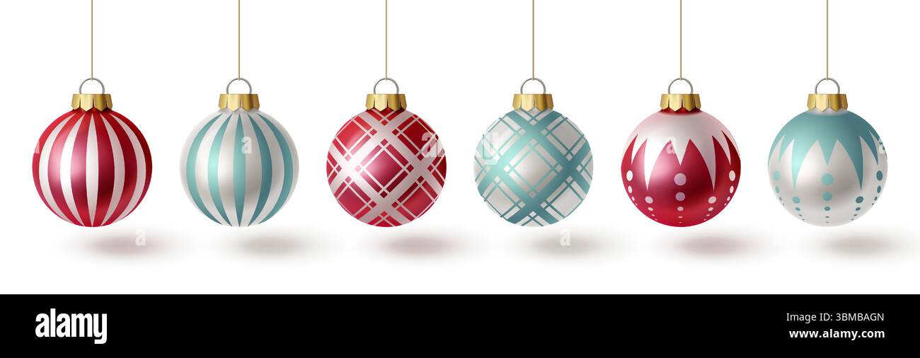 Weihnachtsbaumkugel im 3D-Glas-Stil mit dekorativen Mustern - gestreifte, karierte, geometrische und gepunktete Ornamente, die an goldenen Strängen hängen, farbenfrohe Weihnachtsdekorationen für festliche Designs. Stock Vektor