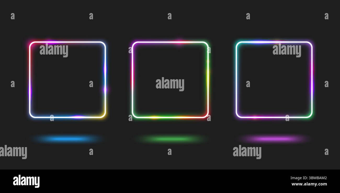 Quadratischer Neonrahmen, der auf dunklem Hintergrund leuchtet – violette, grüne und blaue Verlaufsränder mit Reflektionseffekten für futuristisches Design. Elektrische Lichtbox mit abgerundeten Ecken für moderne Schnittstelle Stock Vektor