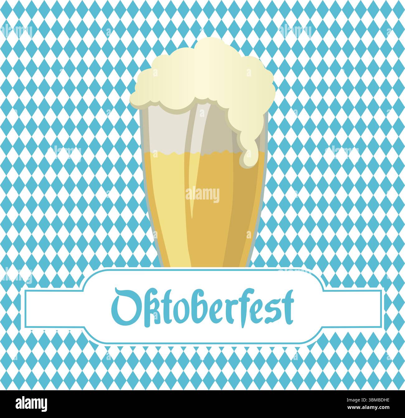 Großes Pilsner-Glas glänzt und verschüttet Schaum in flachem Design-Poster mit Oktoberfest-Banner Stockfoto Großes Pilsner-Glas glänzt und verschüttet Schaum in flachem Design-Poster mit Oktoberfest-Banner Stockfoto