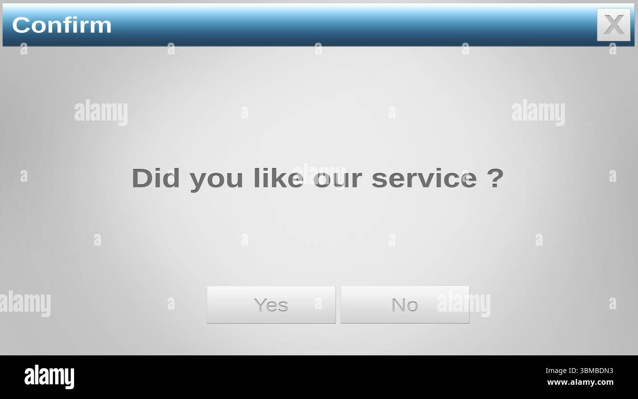 Bild: Bestätigen, gefällt Ihnen unser Service-Text und Ja- und Nein-Schaltflächen im grauen Website-Fenster Stockfoto