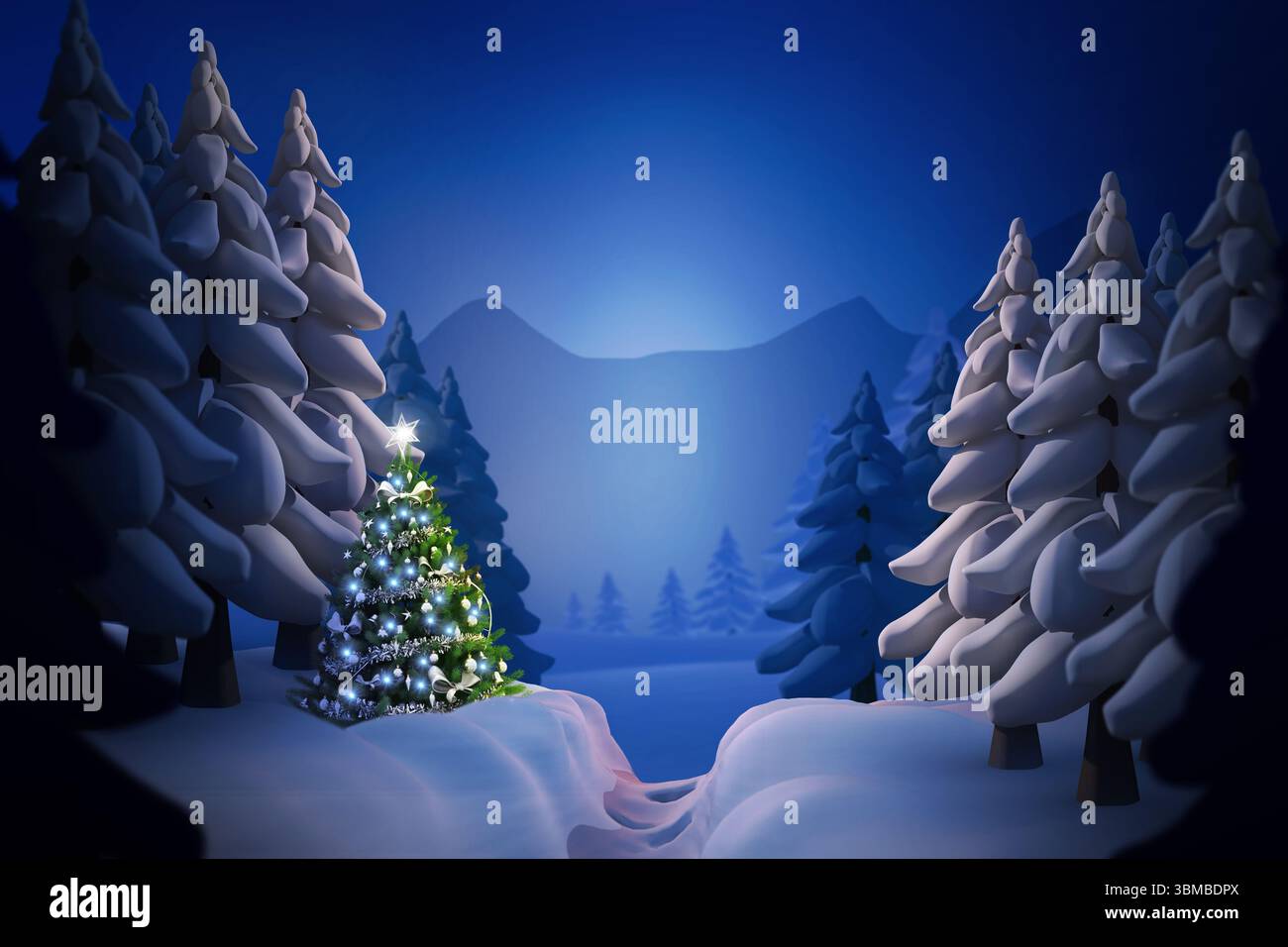 Das flache Design zeigt einen dekorierten immergrünen Baum mit Stern und Lichtern auf einem verschneiten Waldweg Stockfoto
