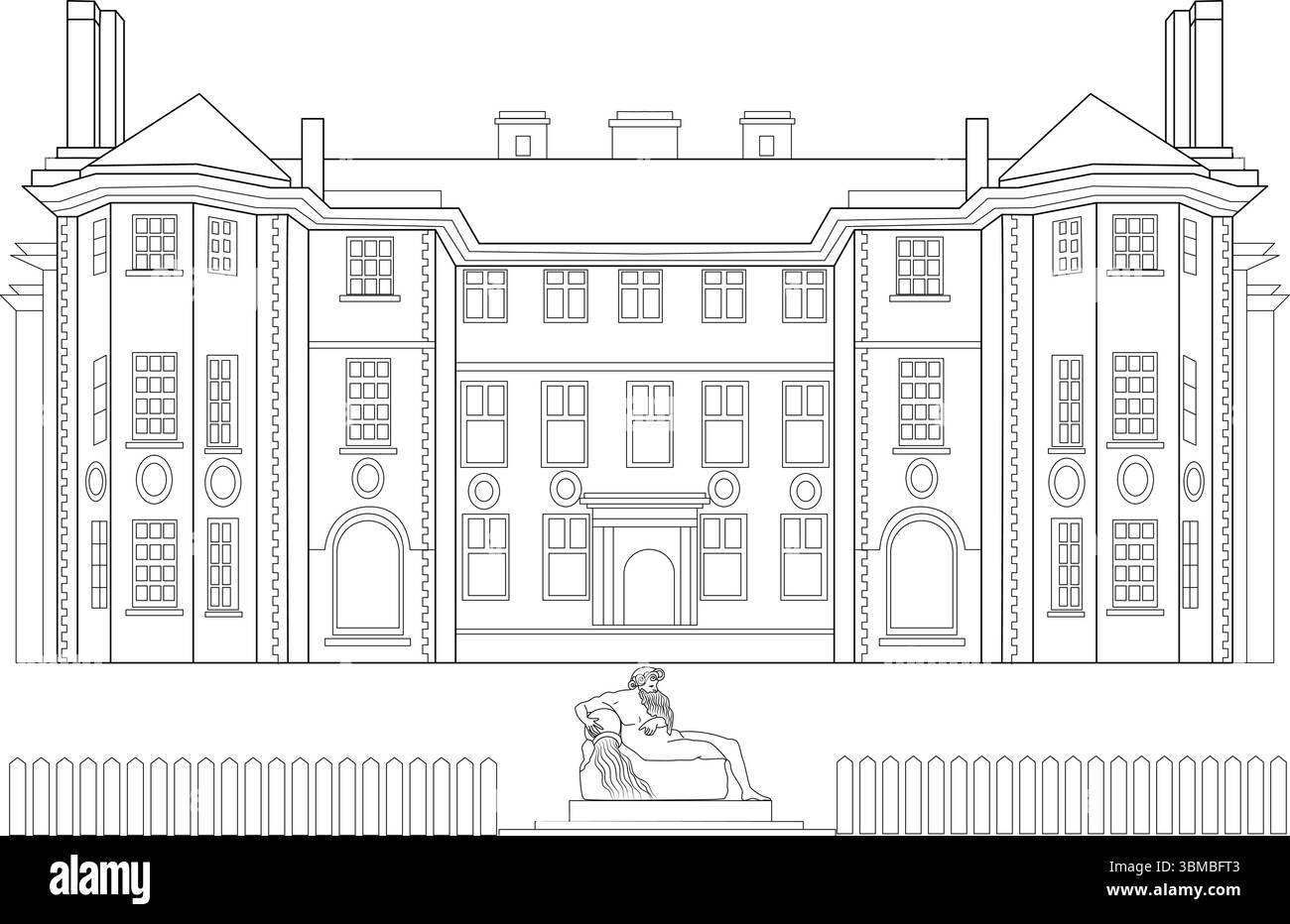 Detaillierte schwarze und weiße Strichgrafik-Illustration, die die Vorderfassade des historischen Ham House and Garden in Richmond, London, England, darstellt. Das Drawi Stock Vektor