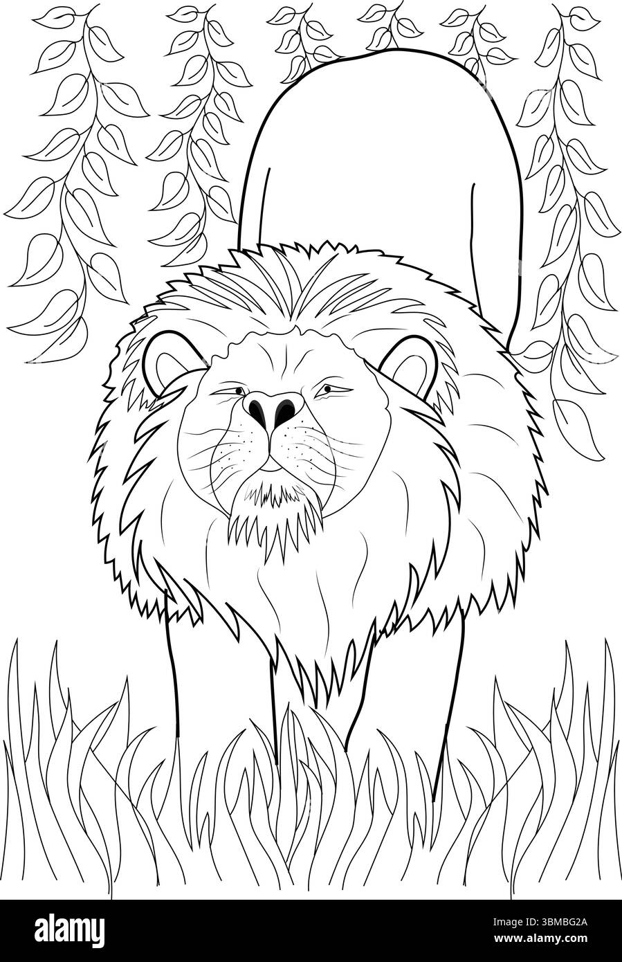 Schwarz-weiße Strichgrafik-Illustration mit einem majestätischen Löwen, der in einem natürlichen Dschungel oder Wald zwischen Gras und Blättern steht. Dieser Outlin Stock Vektor