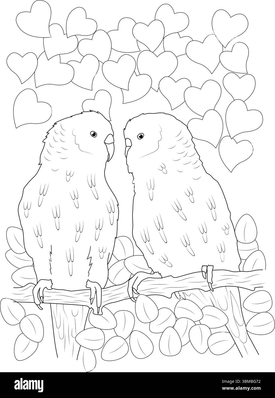 Einfache schwarz-weiße Strichgrafik-Illustration zweier Budgie-Papageien im Cartoon-Stil, auch bekannt als Love Birds, die auf einem Ast sitzen. Der Hinterwäldler Stock Vektor