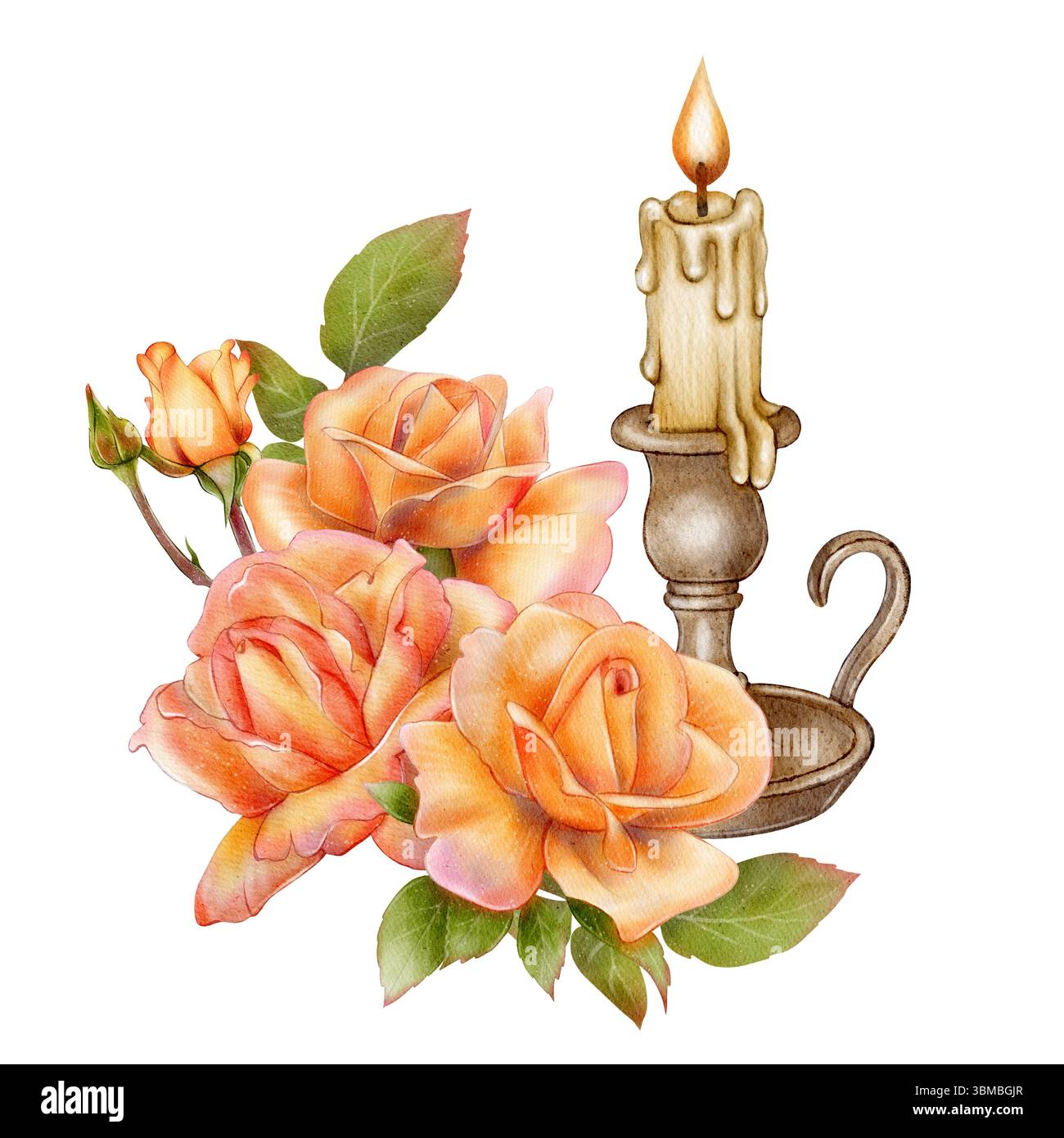 Vintage Kerze in Bronzehalter mit Flamme und blühenden orangen Rosen. Aquarellabbildung. Handgemalt in realistischem Stil auf weißem Hintergrund. Perfekt für Karten, Drucke und Dekoration Stockfoto