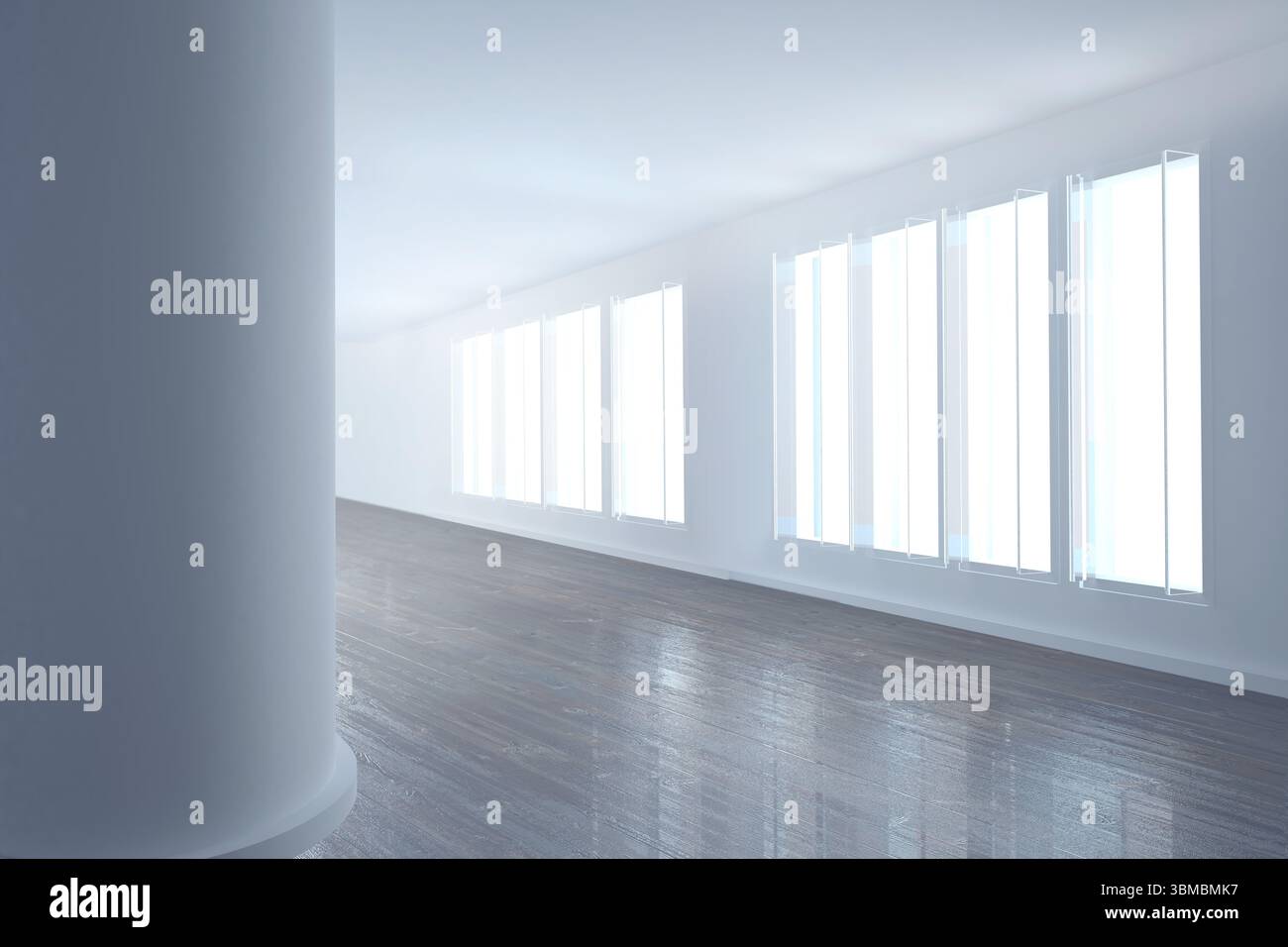 Weiße zylindrische Säule steht in einem flachen, leeren Saal mit hohen Fenstern und Hartholzboden Stockfoto