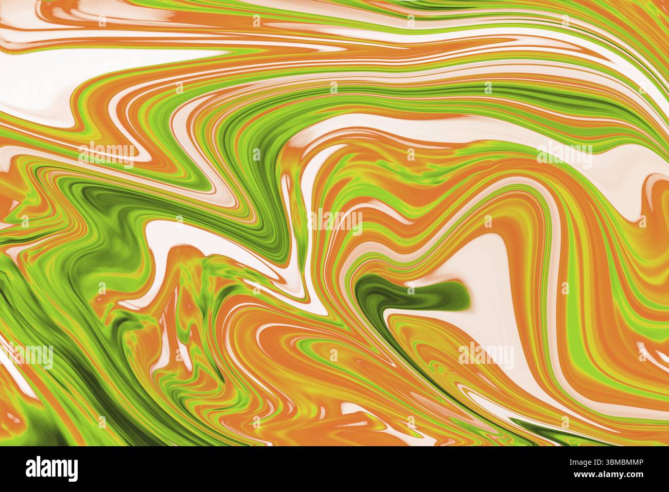 Die flache Abbildung zeigt einen abstrakten Wirbel aus orange-grüner weißer Farbe, die sich verschmelzen lässt Stockfoto