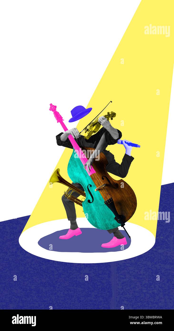 Künstlerische Collage. Eklektischer Bassist, der Bläser, Streicher und Stimme auf der Bühne jongliert Stockfoto