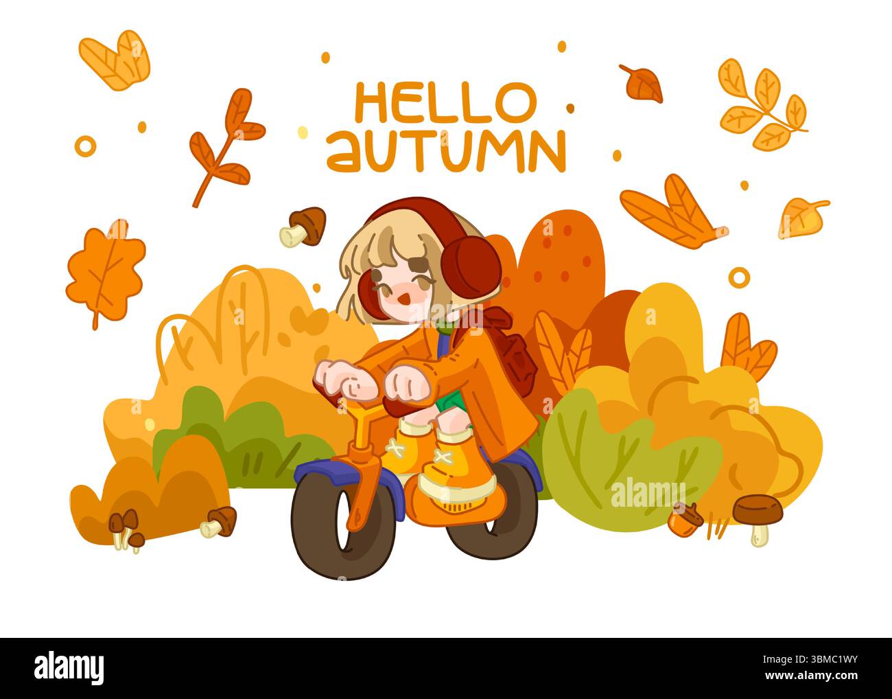 Herbstcharakter Auf Dem Balance Bike. Cartoon-Mädchen im herbstlichen Outfit, das mit einem orangen Waagbike durch das Herbstlaub mit Pilzen, Eicheln und Laub fährt Stock Vektor