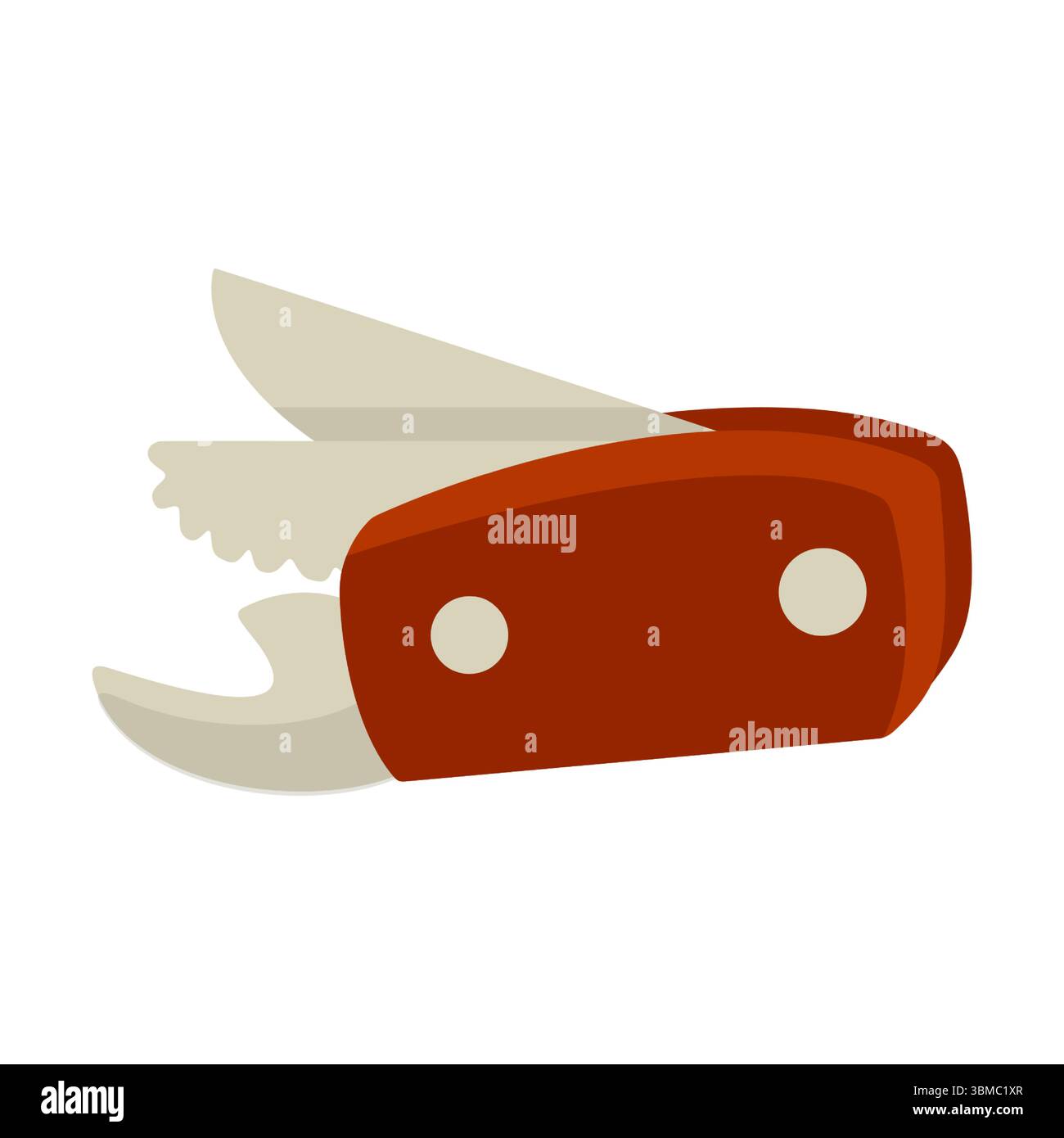 Cartoon Camping Multi Tool Symbol. Flache Zeichentrickdarstellung eines faltbaren Multifunktionsgeräts mit Klinge, Säge und Öffner. Braun-roter Griff, isoliert auf weißem bac Stock Vektor