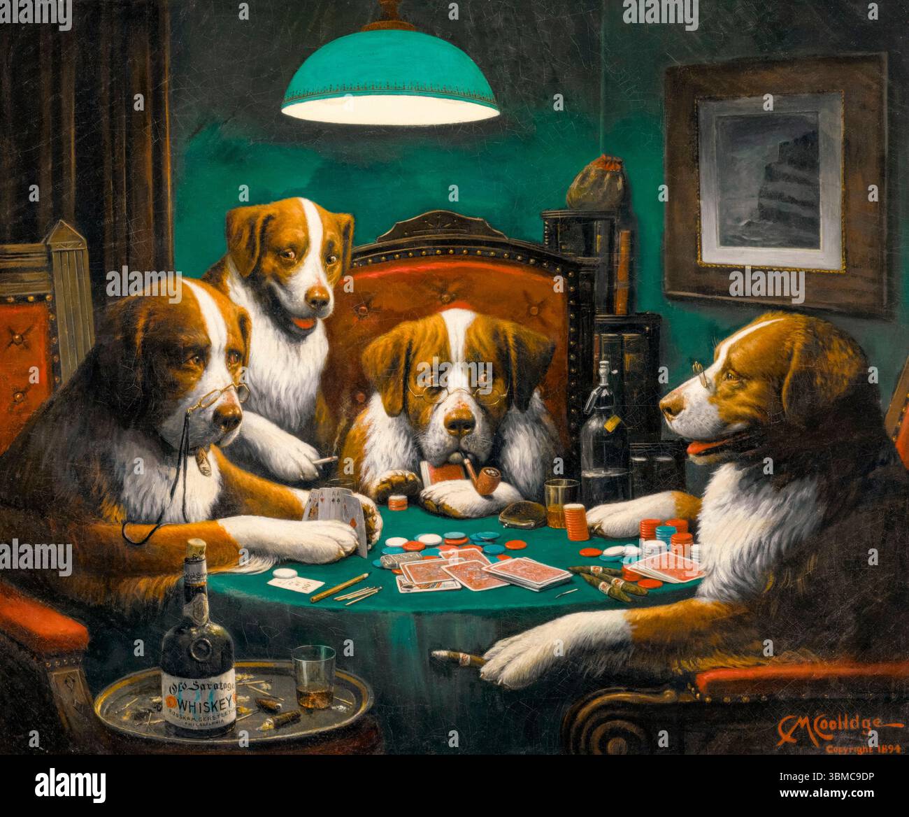 Pokerspiel (Dogs Playing Poker), Gemälde in Öl auf Leinwand von Cassius Marcellus Coolidge, 1894 Stockfoto