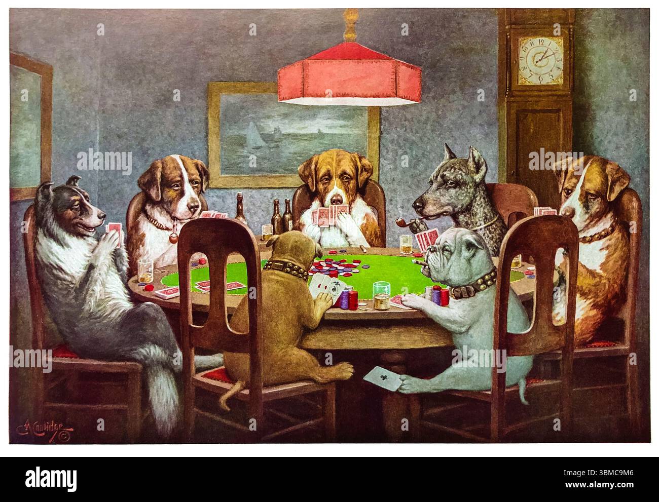A Friend in Need, aus der Serie Dogs Playing Poker, Gemälde in Öl auf Leinwand von Cassius Marcellus Coolidge, 1903 Stockfoto