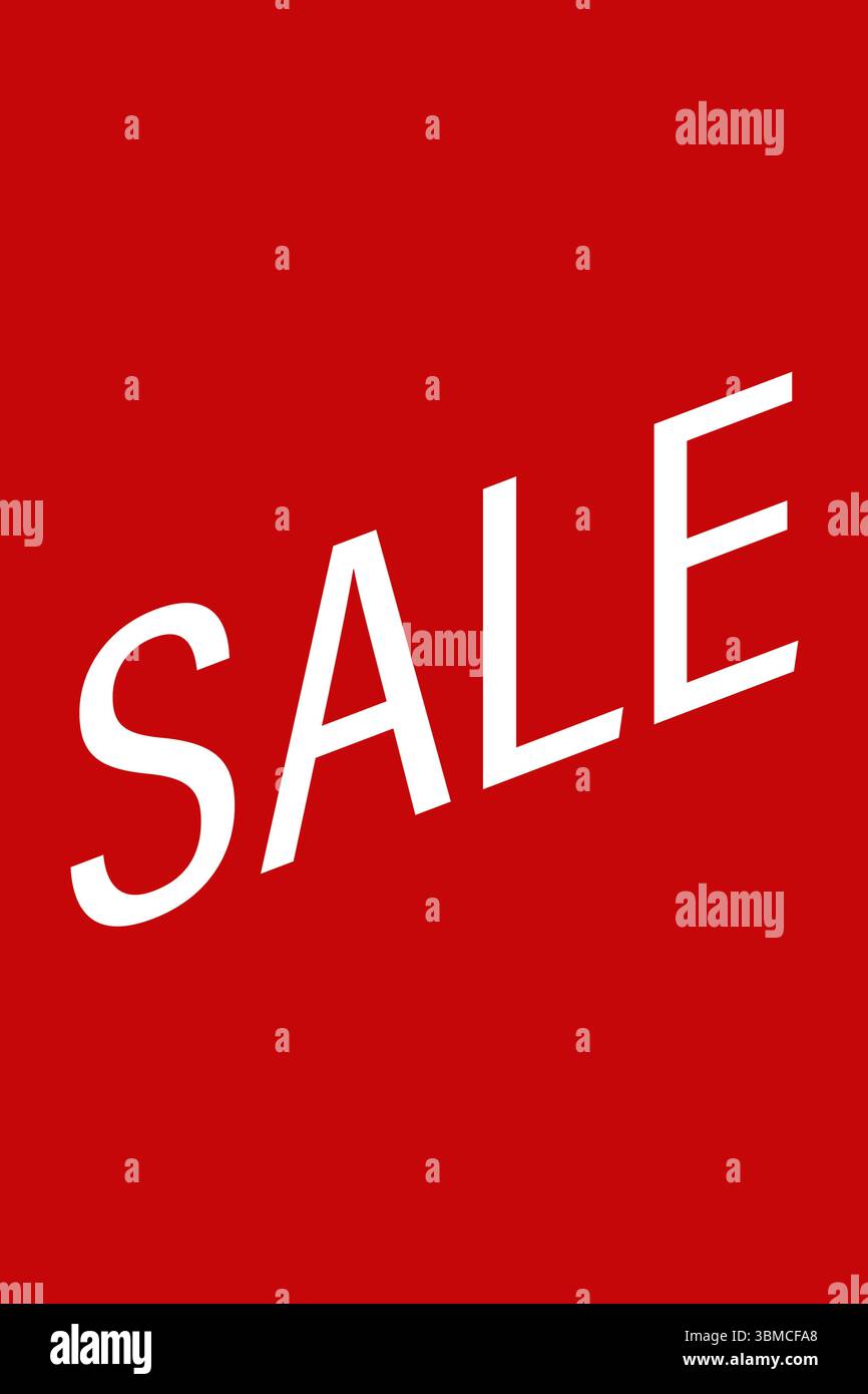 Weißer diagonaler VERKAUFSTEXT erscheint in flachem Design mit minimalistischem, leuchtendem roten Hintergrund. Werbung, Marketing, Werbung, Banner, Digitalwerbung Stockfoto