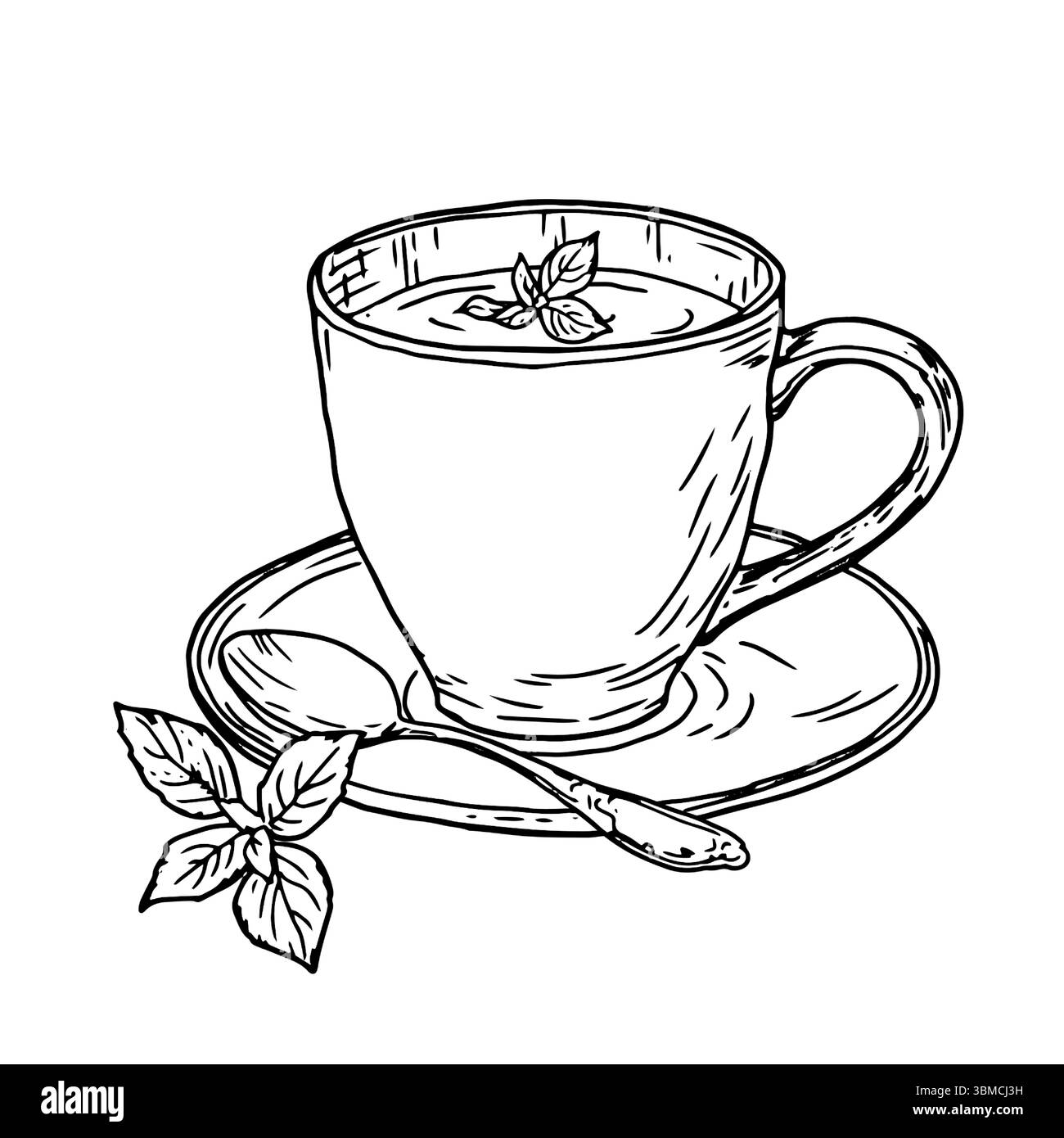 Porzellanbecher mit Tee auf Untertasse, Skizze mit schwarzer und weißer Tinte. Vektorabbildung. Tasse heißer Tee mit Minzblättern, isoliert auf weißem Hintergrund Stock Vektor
