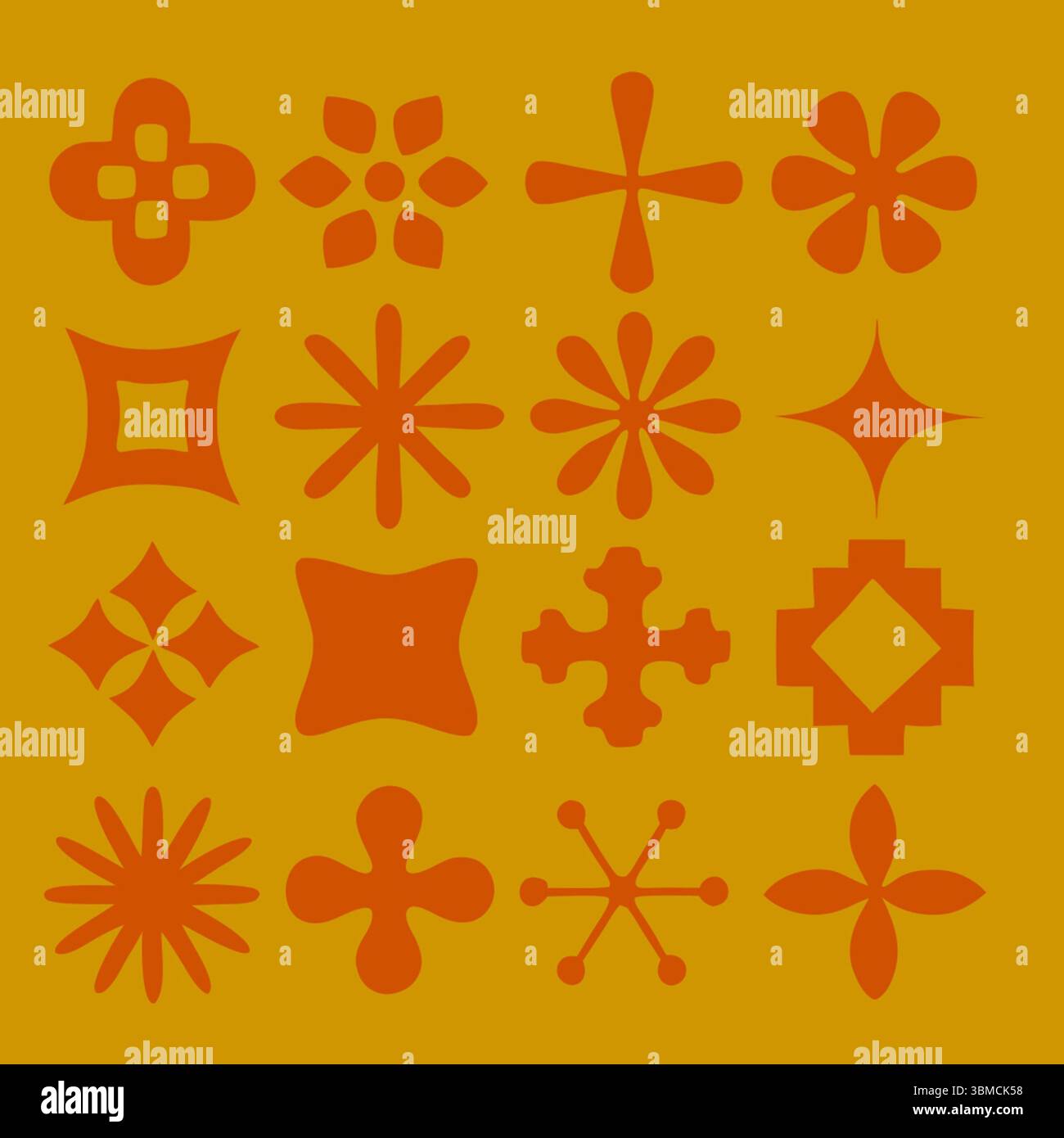 Rote abstrakte Blumensymbole, geometrische Blumenformen, Retro-Blütenblätter-Symbole, oranger Hintergrundvektor, dekorative kühne Silhouetten, stilvolles Design Stockfoto