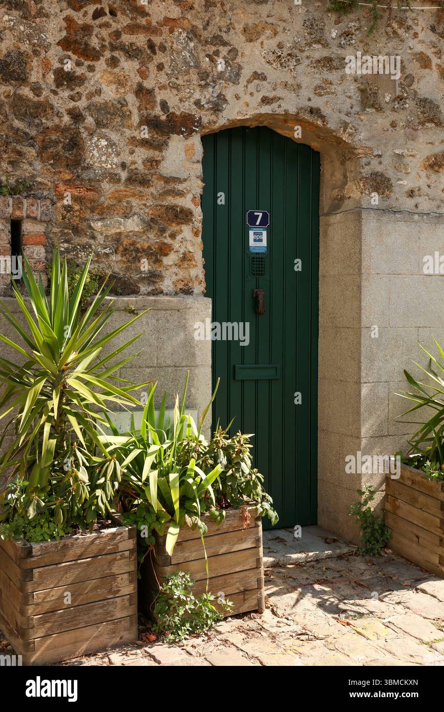 Ein Foto von einer dunkelgrünen Tür, die in einer alten Steinmauer sitzt. Zwei hölzerne Pflanzkästen gefüllt mit üppig grünen Pflanzen flankieren die Tür. Die Szene ist b Stockfoto