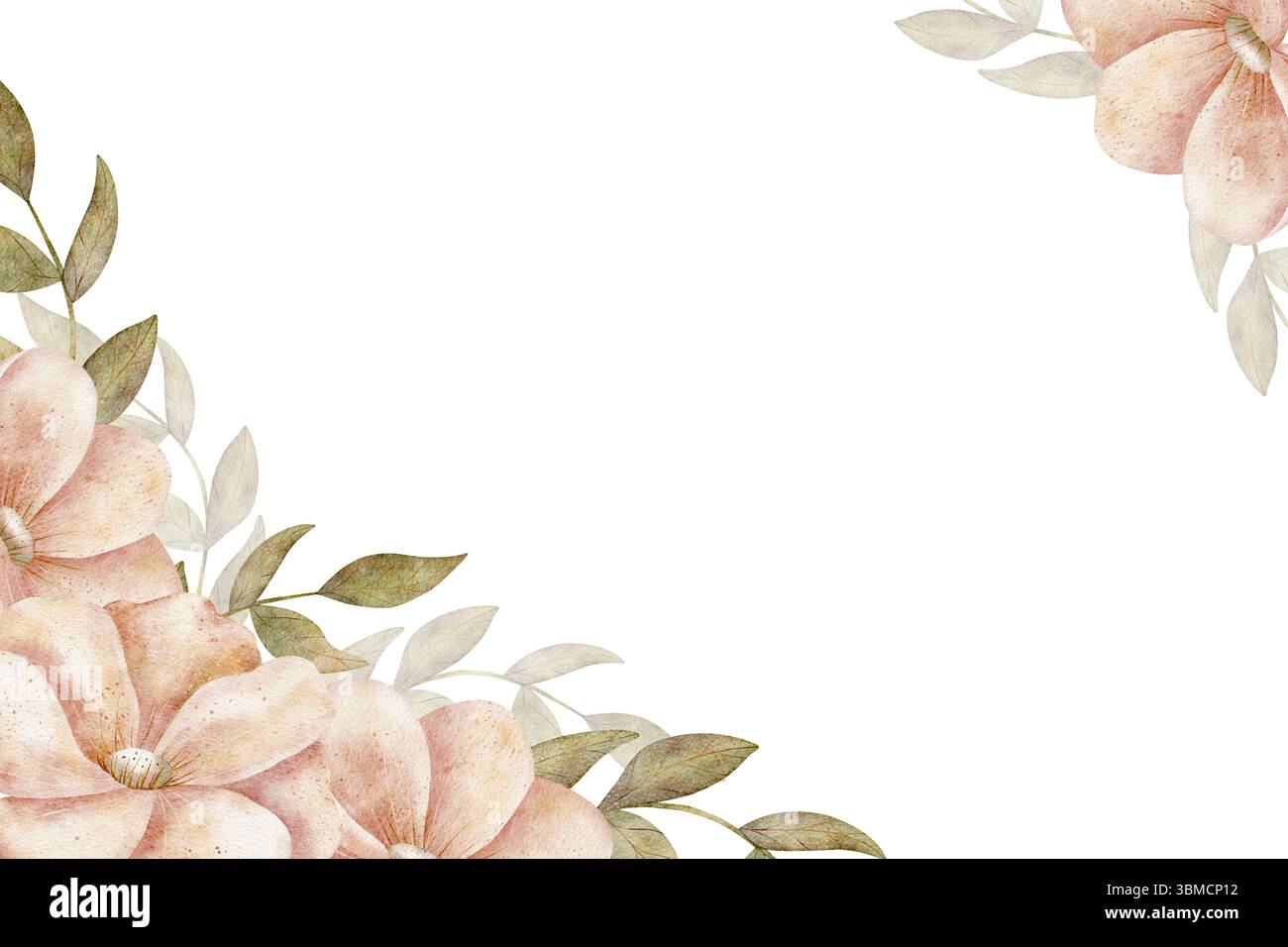 Aquarellblumen Pfingstrosen grüne Zweige Blätter. Rahmen Illustration Rosen sanftes Rosa handgezeichnet im Vintage-Stil. Vorlage für Einladung, Begrüßung Stockfoto