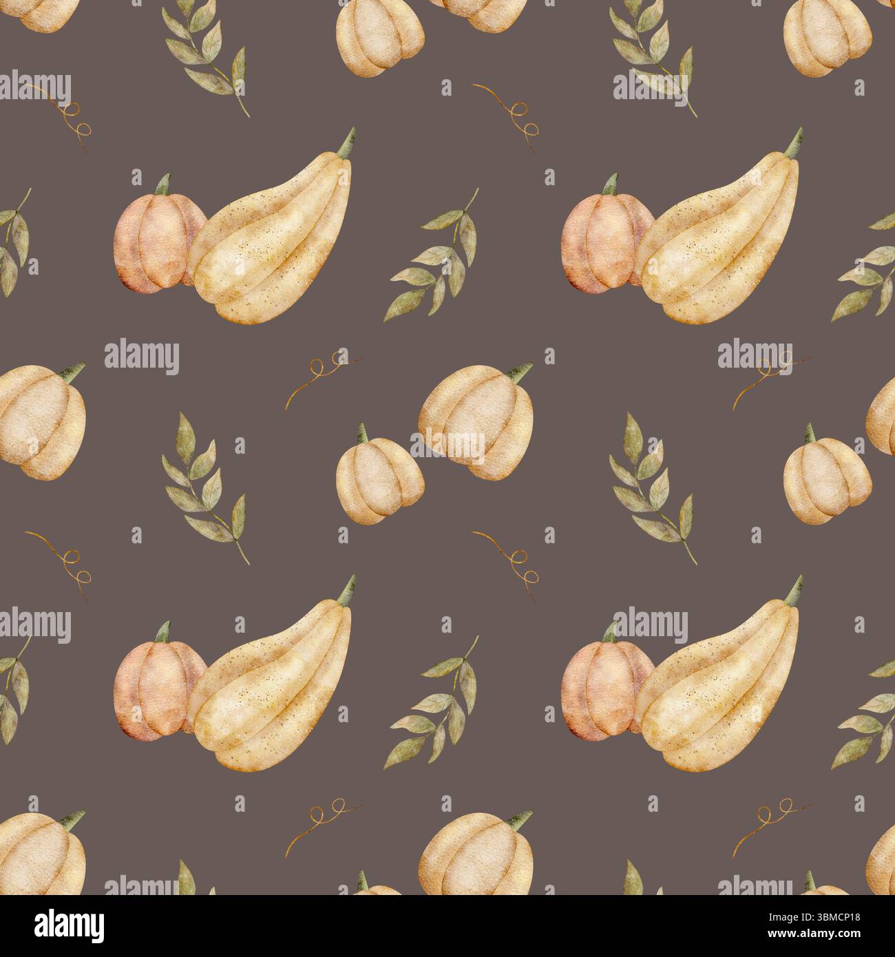 Aquarellmuster von Kürbis-Orangenblättern, Locken. Illustration von Gemüse Herbsternte handgezeichnet. Nahtloser Druck auf dunkelbraunem Hintergrund für Stockfoto