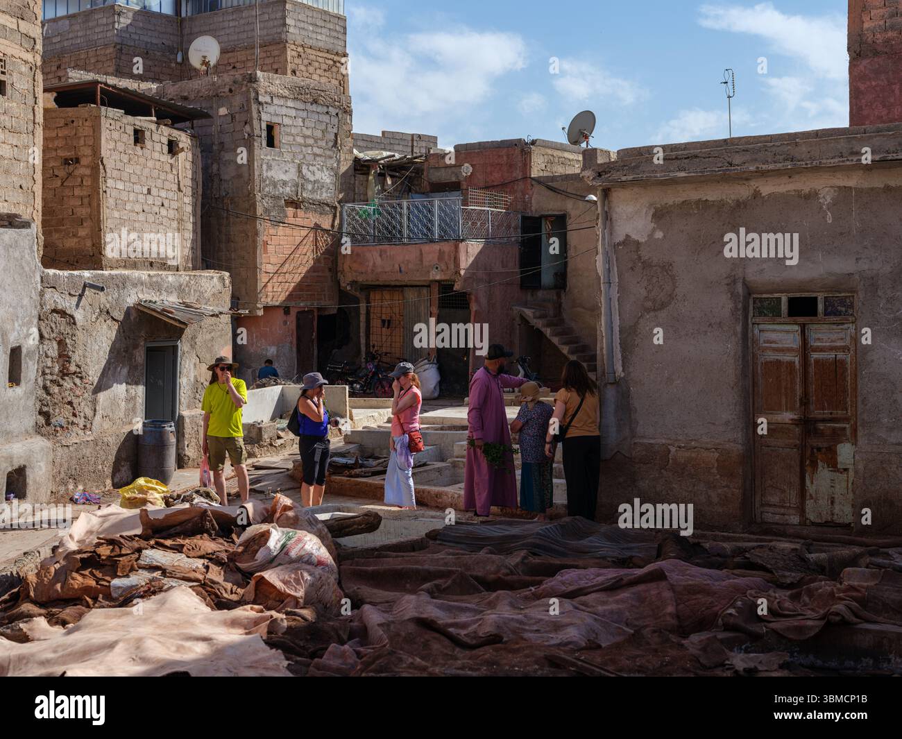 Marokko, Marrakesch, 15. Juni 2025. Ein Lederarbeiter, der in einer traditionellen Gerberei ein Fell kratzt und uralte Handwerkstechniken zeigt. Stockfoto