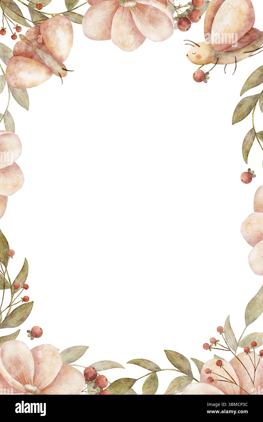 Aquarellrahmen Illustration Motte, Schmetterling Blumen grüne Blätter Beeren, Pfingstrosen Rosen zartrosa gezeichnet Kinderstil. Vorlage auf isoliert Stockfoto