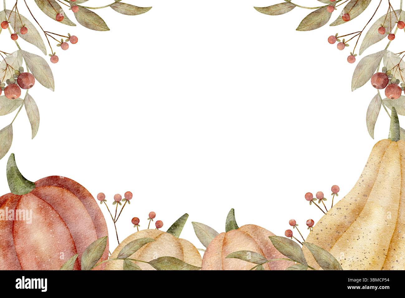 Rahmen Aquarell hinterlässt Kürbisbeeren. Handgezeichnete Illustration von Herbstgemüse im Retro-Stil. Vorlage auf isoliertem Hintergrund für Stockfoto