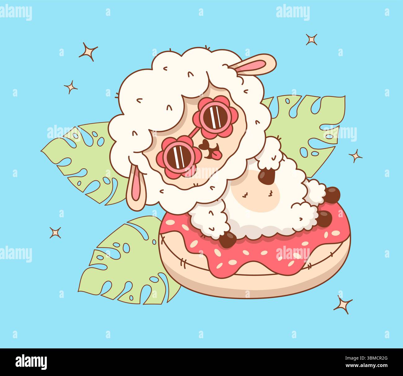 Niedliches Sommerschaf mit Sonnenbrille schwimmt auf aufblasbarem Donut. Strand lustiges Bauernhoftier. Glücklicher Karikatururlaub mit Kawaii-Charakteren. Vektorabbildung. K Stock Vektor