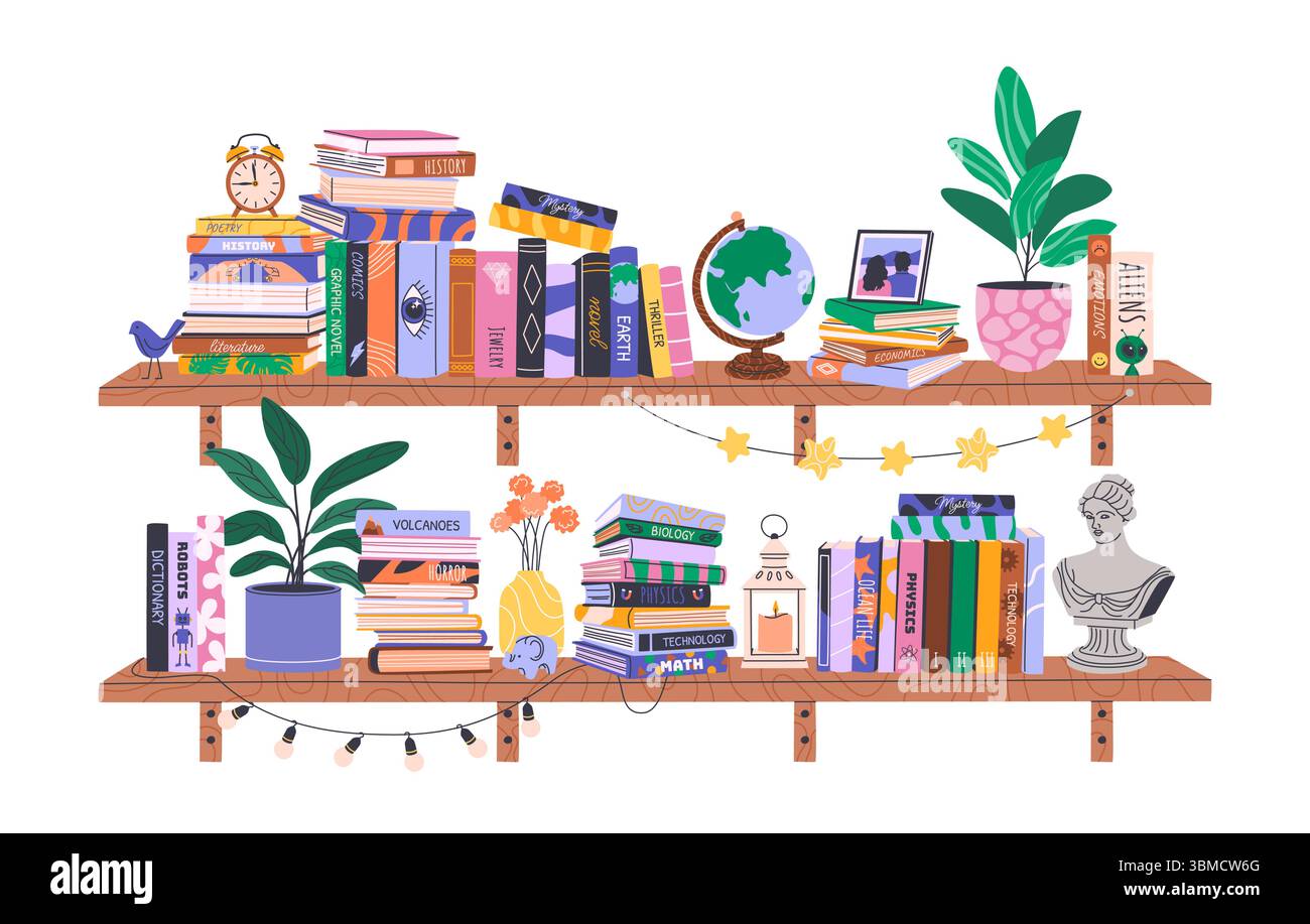 Stapel Bücher auf Bücherregalen. Bibliothek zu Hause. Stock Vektor