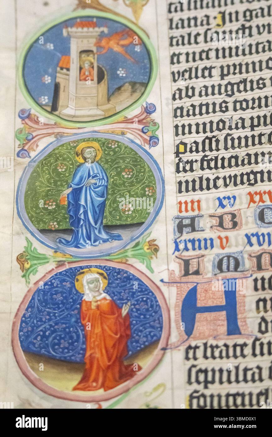 Martyrologie von Usuard, Manuskript mit den Märtyrern der Heiligen im Zusammenhang mit dem christlichen Kalender, Jahr 1254, Girona Kunstmuseum, Girona, Katalonien Stockfoto