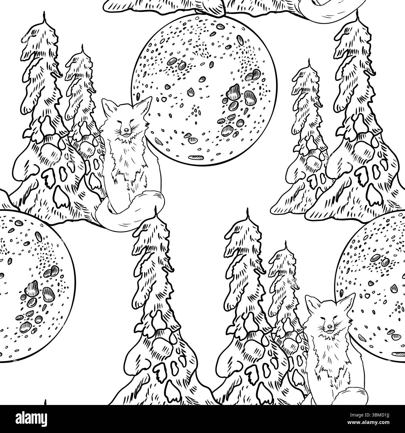 Nahtloses Muster mit Fuchs und Mond unter verschneiten Kiefern handgezeichneter schwarz-weißer Umrissvektor. Monochrome Skizze Winterwald wiederholter Hintergrund Stock Vektor