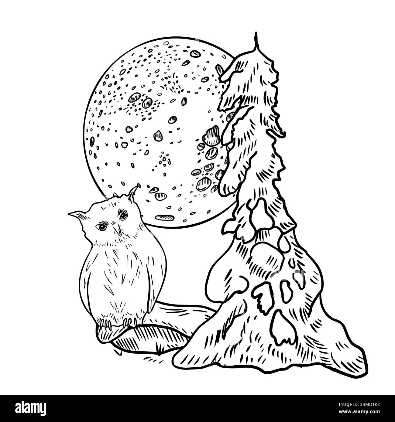 Eulen und schneebedeckter Baum unter Mondlicht Hand gezeichnet schwarz weiß Umrissvektor Illustration. Einfarbige Winterlandschaftsskizze für den Urlaub Stock Vektor