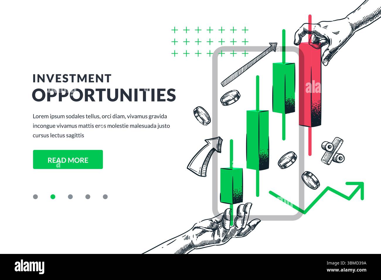 Hände, die rote und grüne Börsenkerzen auf dem Smartphone halten. Illustration der flachen Collage der Vektorskizze. Investitions-, Handels-, Finanz- und Finanzstra Stock Vektor