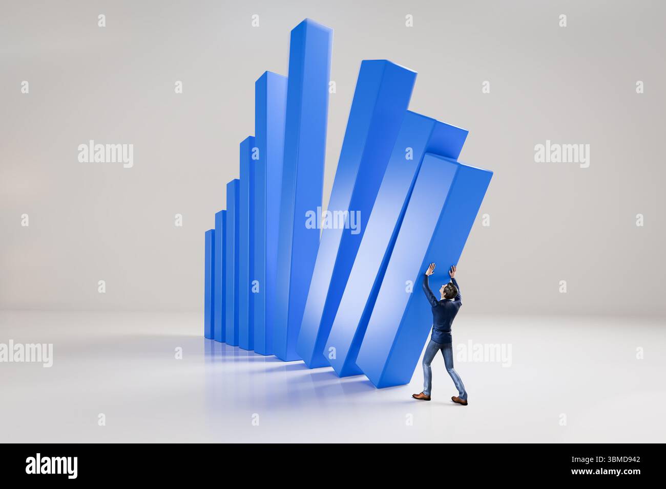 Geschäftsmann mit Anzug, der versucht, die fallenden Balken eines Balkendiagramms zu stabilisieren. Konzept für Rezession, sinkende Aktienmärkte, Defizit, Verlust. Stockfoto