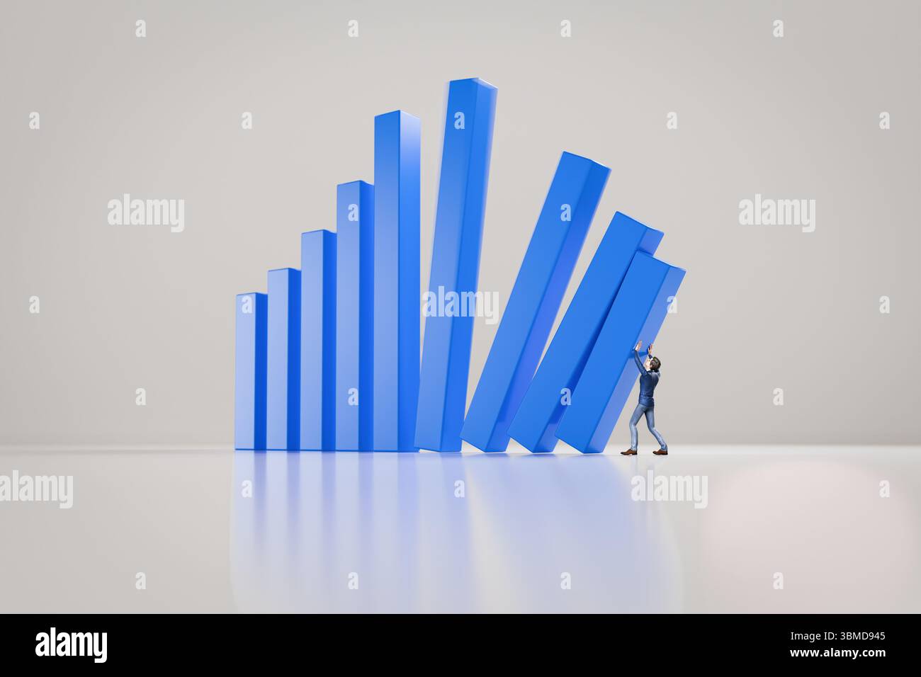 Geschäftsmann mit Anzug, der versucht, die fallenden Balken eines Balkendiagramms zu stabilisieren. Konzept für Rezession, sinkende Aktienmärkte, Defizit, Verlust. Stockfoto