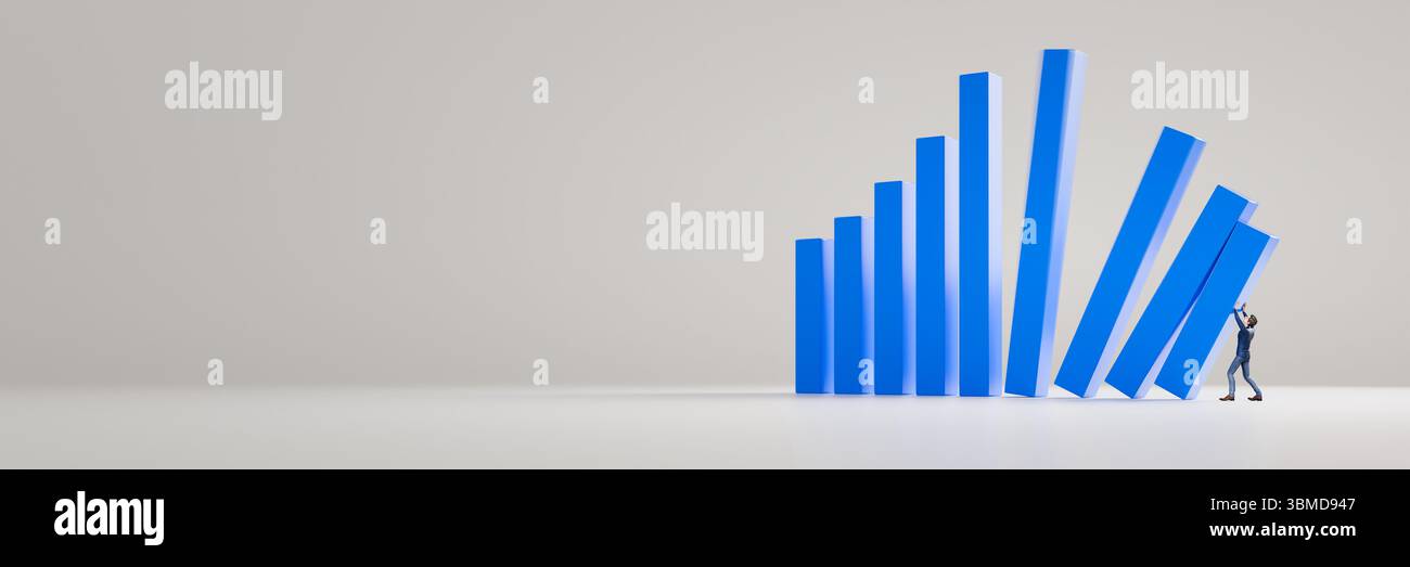 Geschäftsmann mit Anzug, der versucht, die fallenden Balken eines Balkendiagramms zu stabilisieren. Konzept für Rezession, sinkende Aktienmärkte, Defizit, Verlust. Webbanner f Stockfoto