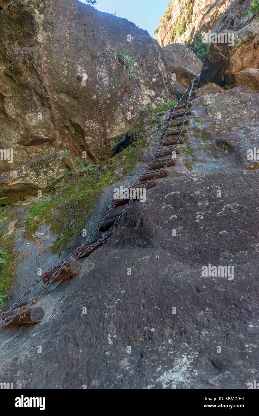Eine Kettenleiter im Riss des Royal Natal National Park. Stockfoto