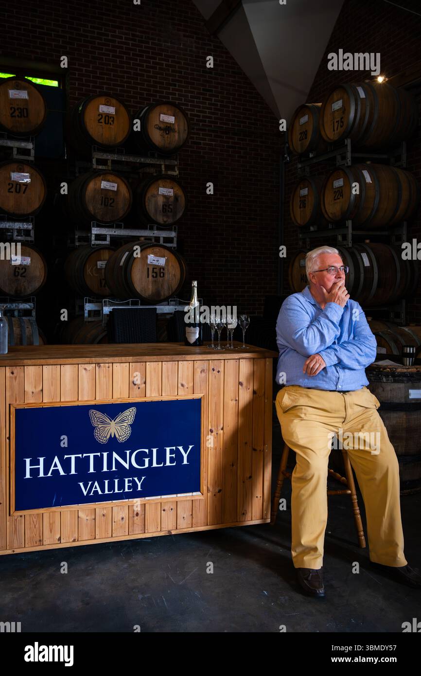 Simon Robinson, Gründer von Hattingley Valley Wines, sitzt nachdenklich im Verkostungsraum des Weinguts mit gestapelten Eichenfässern in Hampshire, England. Stockfoto