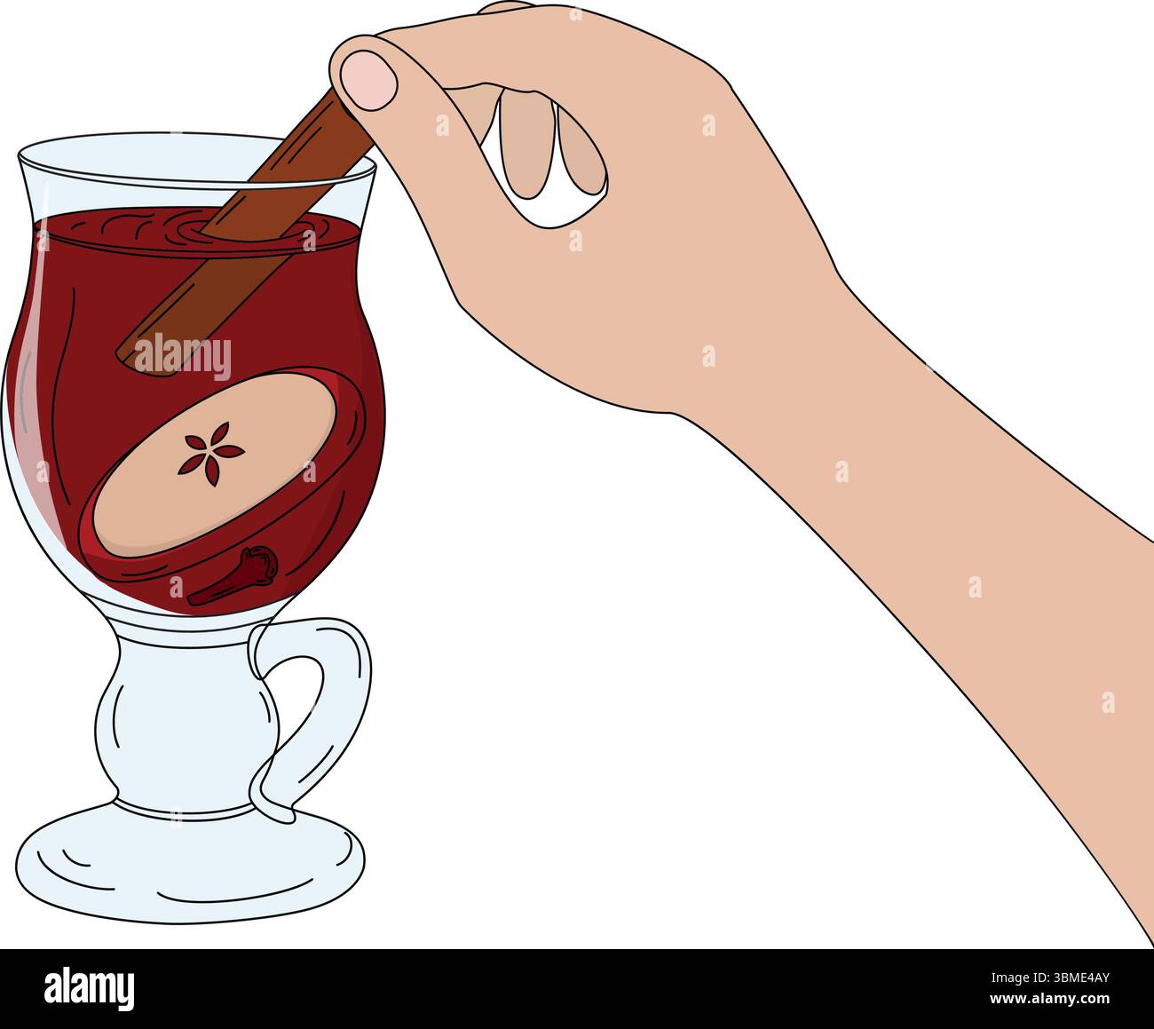 Von Hand gezeichnete Person taucht Zimtstab in eine Glasschale Glühwein und Gewürze Pop Art Design. Isolierte Vektor-Illustration gemütlicher thematischer Inhalt und Werbung Menükarten, Preisschild, Flugblätter Stock Vektor