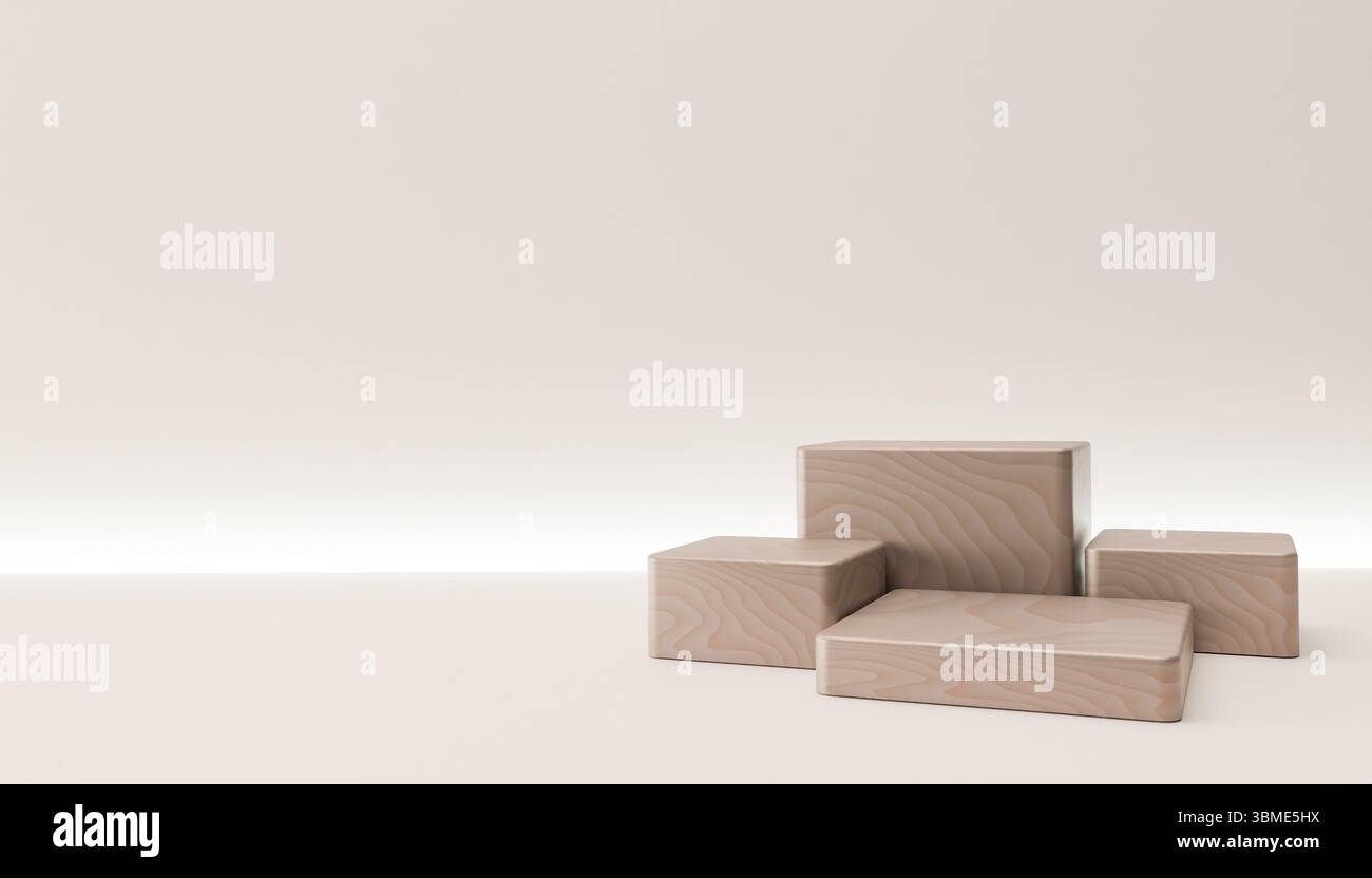 Eine klare und moderne 3D-gerenderte Produktanzeige mit einfachen geometrischen Holzwürfeln. Ideal für die Präsentation von Produkten in Online-Shops und Werbung Stockfoto