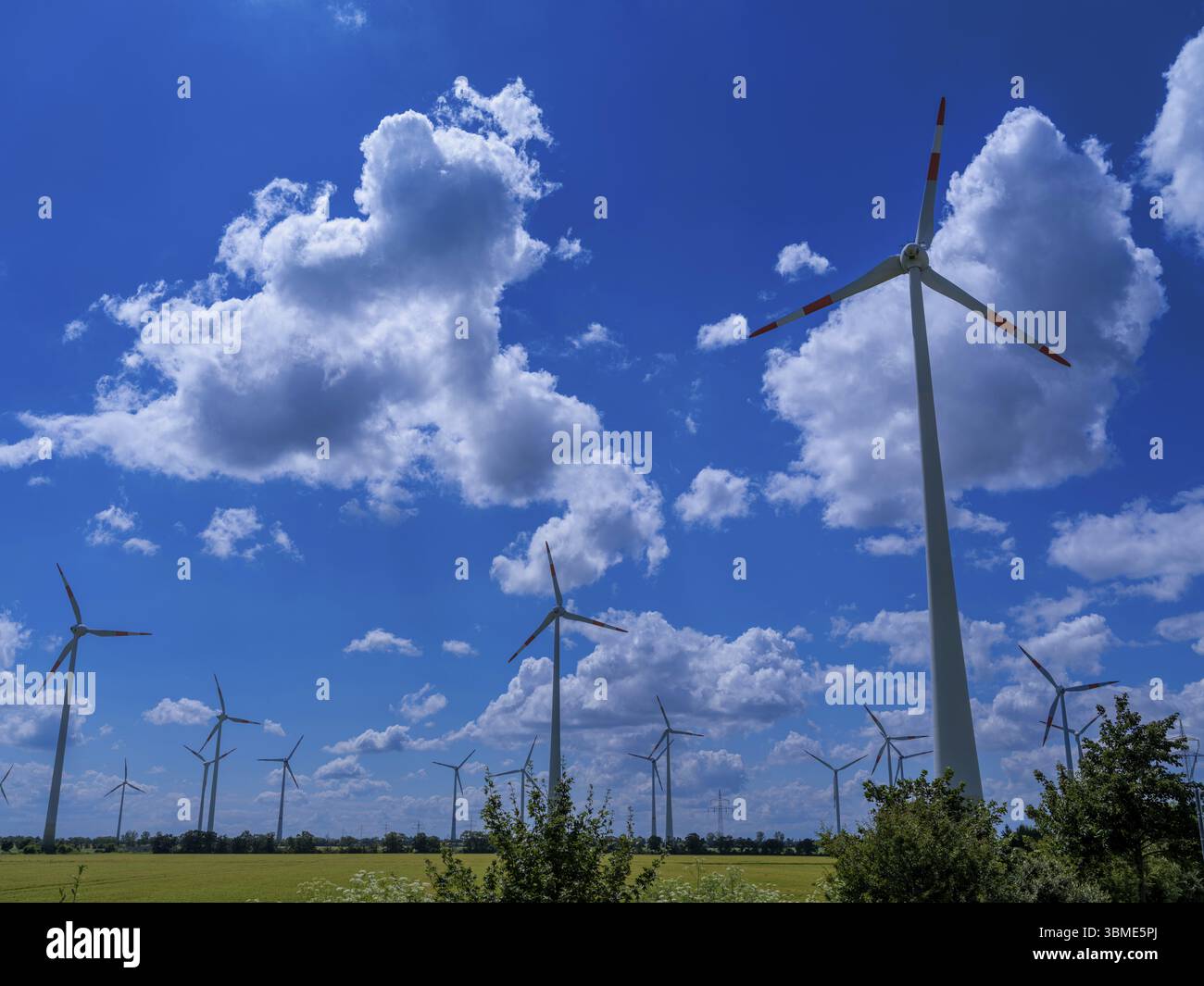 Windräder vor blauem Himmel mit Wolken, Teutschenthal, Sachsen, Deutschland, Europa Stockfoto