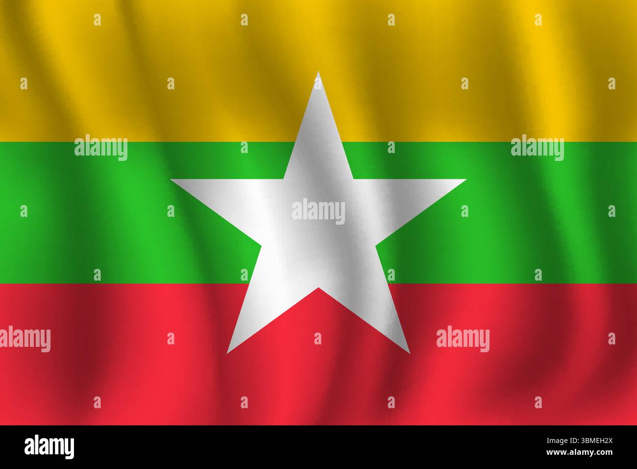 Die Flagge Myanmars flattert im Wind, mit Falten 3d Stock Vektor