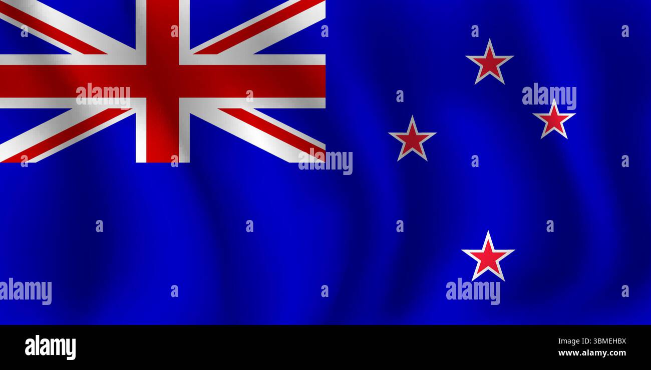 Die Flagge Neuseelands flattert im Wind, mit Falten 3d Stock Vektor