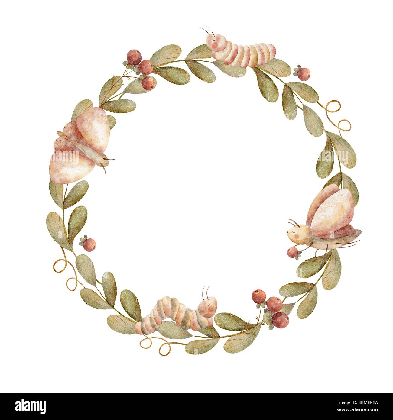 Motte, Schmetterling Aquarell Illustration Insekten raupe grüne Zweige Blätter, rote Beeren. Vorlage rund im Kinderstil auf isoliert gezeichnet Stockfoto