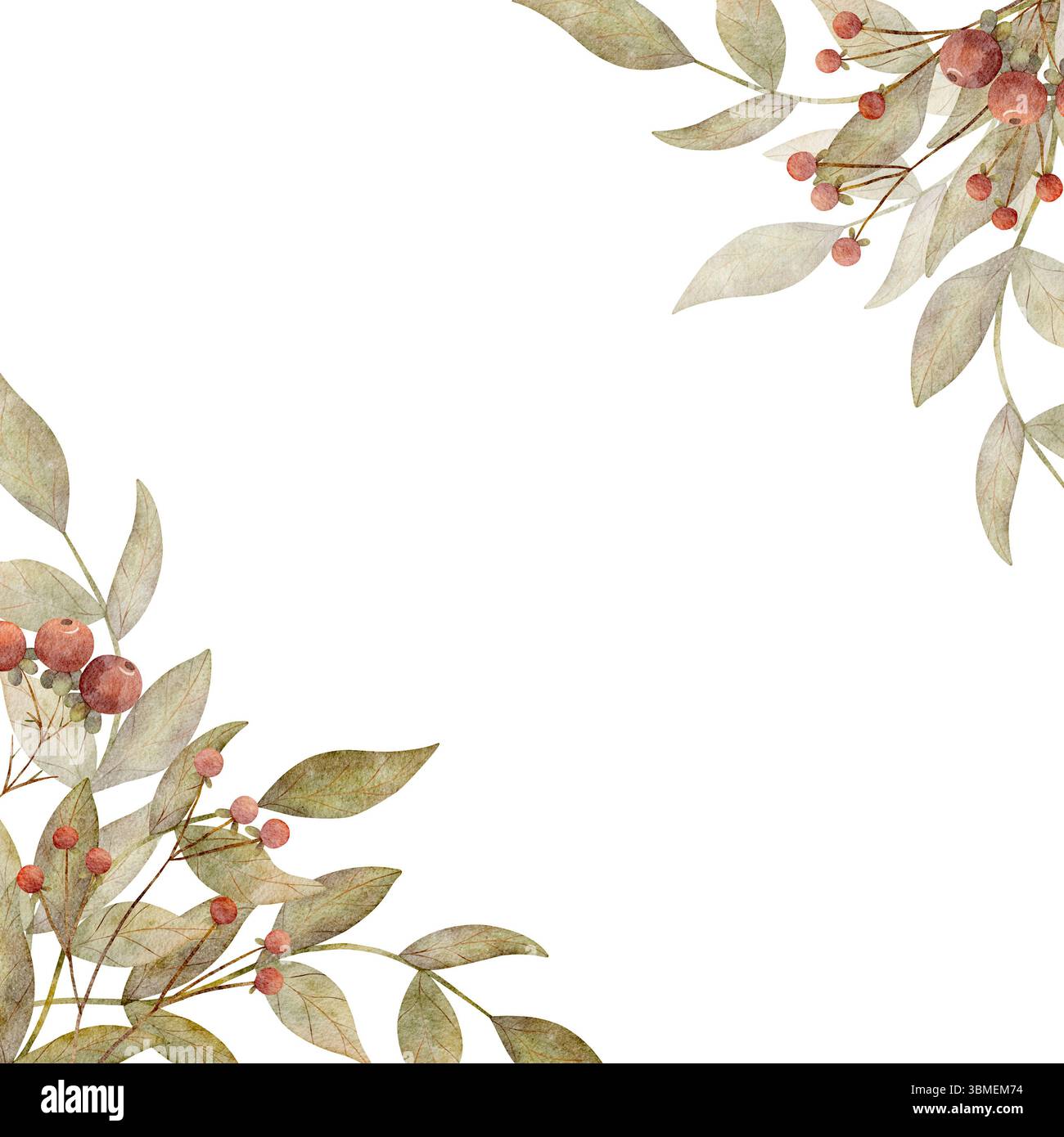 Rahmen Aquarellillustration grüne Zweige Blätter Laub, rote Beeren. Vorlage Hand auf isoliertem Hintergrund für Designfeiertag, Neujahr Stockfoto