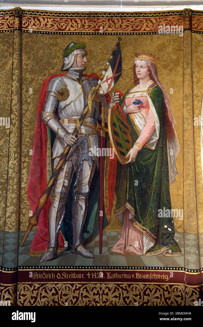 Deutschland, Sachsen, Meißen, Schlosshügel, Albrechtsburg, der große Saal, Porträts der wettinischen Markgrafen und Kurfürsten mit ihren Frauen, Gemälde von Anton Dietrich 1879, hier Markgraf Otto der Reiche und Hedwig von Brandenburg Stockfoto