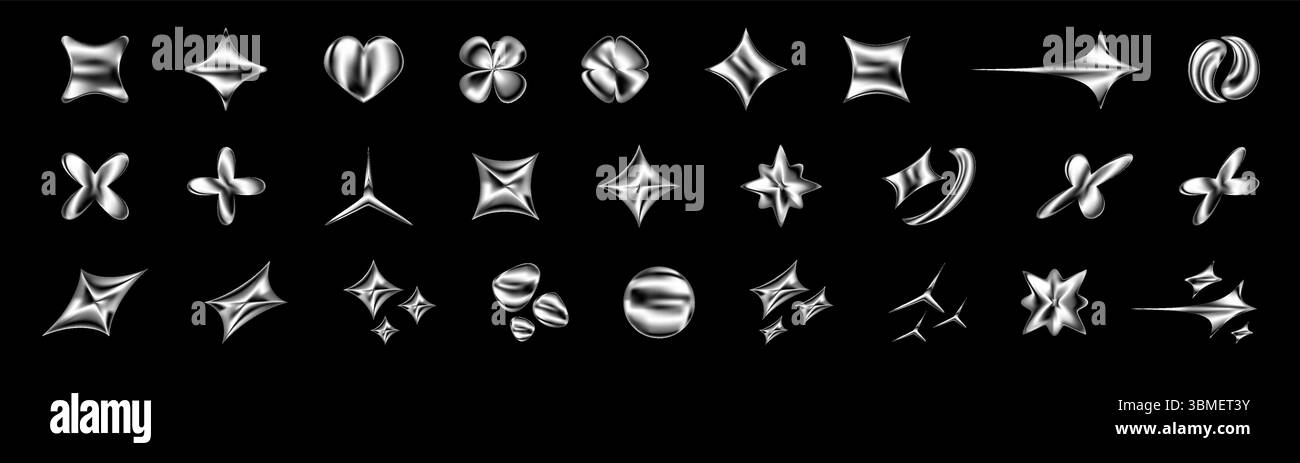 3D-Chrom-Symbole im Y2K-Stil. Silberne Metallsterne, Herz- und Kugelformen mit glänzender Oberfläche und holographischem Verlauf. Abstrakte futuristische, isolierte Set-Elemente mit funkelndem, fließender Form und Retro-Vibe Stock Vektor