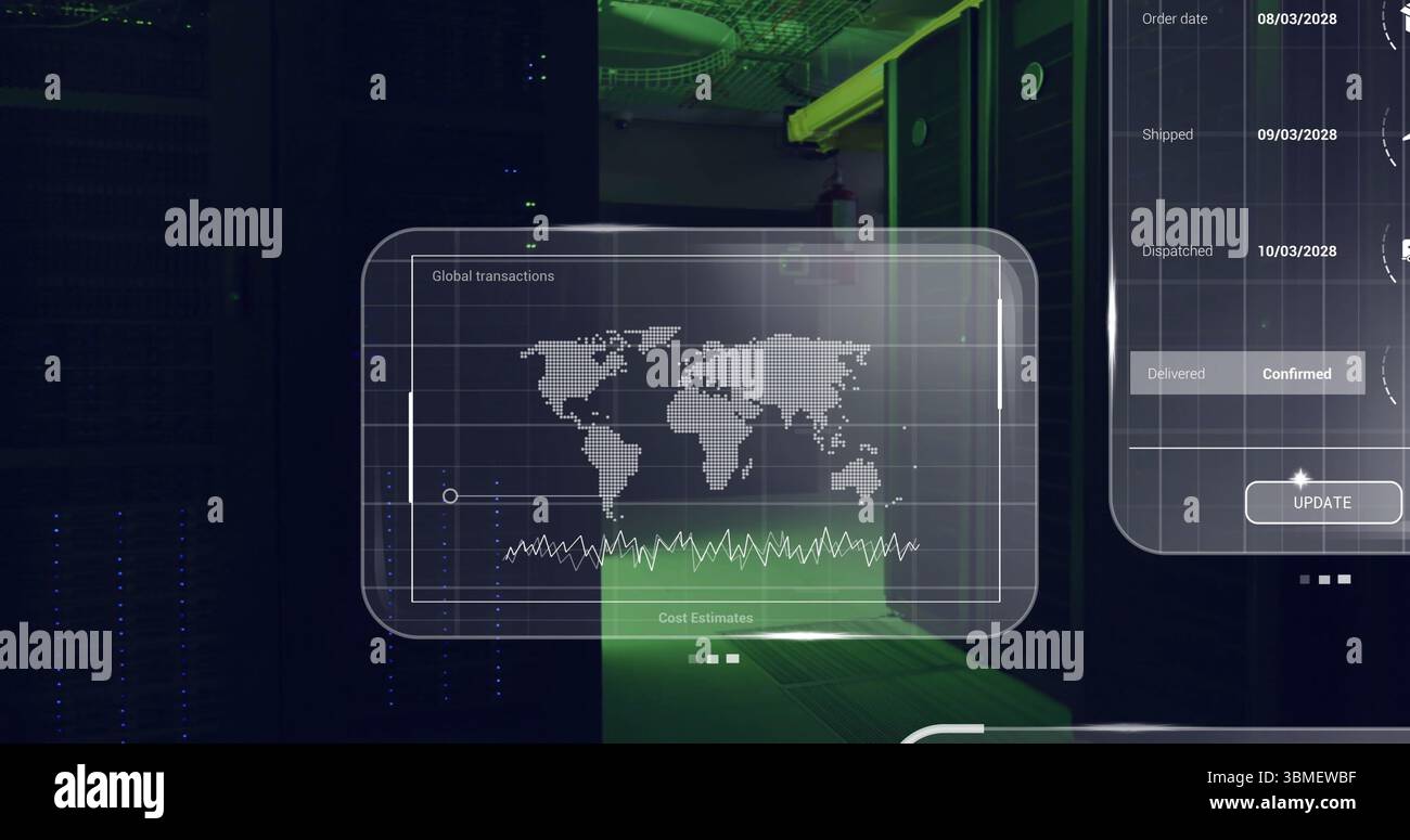Holografische Benutzeroberfläche leuchtet im Serverraum, mit Transaktionskarte, Liniendiagramm und Auftragsverfolgung. Futuristisch, Technologie, Daten, digital, Cybersicherheit Stockfoto